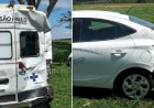 Engavetamento envolve carreta, ambulância e carro em Dourado