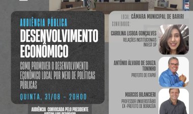 Prefeito de Itapuí e ex-prefeito de Boraceia palestrarão em Audiência Pública que discutirá políticas para fomentar o Desenvolvimento Econômico em Bariri