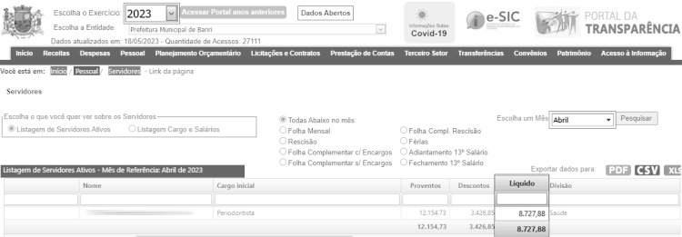 Dados da folha de pagamento de dentistas 