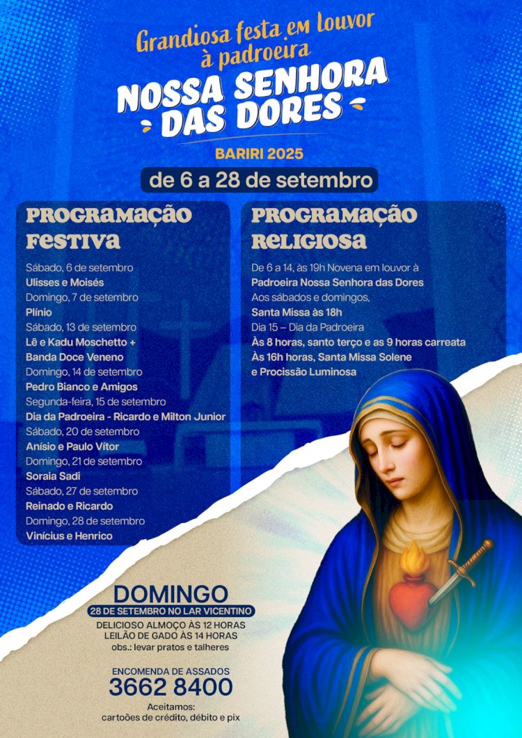 Festa da Padroeira de Bariri divulga cardápio e programação religiosa