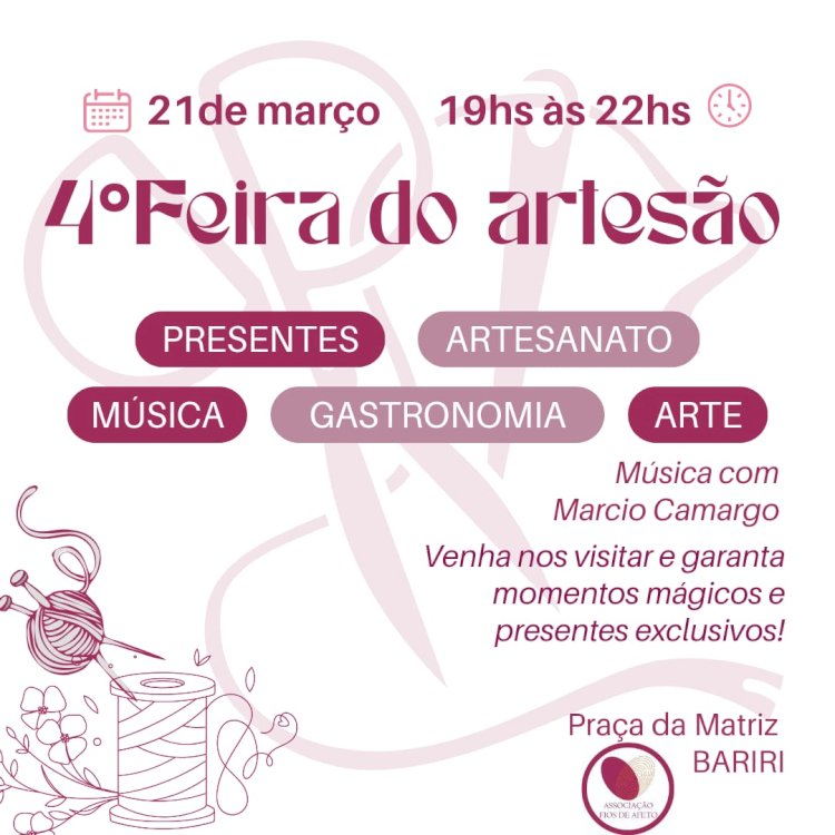 Mês do Artesão: Fios de Afeto abre inscrições para oficinas gratuitas, com trabalhos expostos na 4ª Feira do artesão